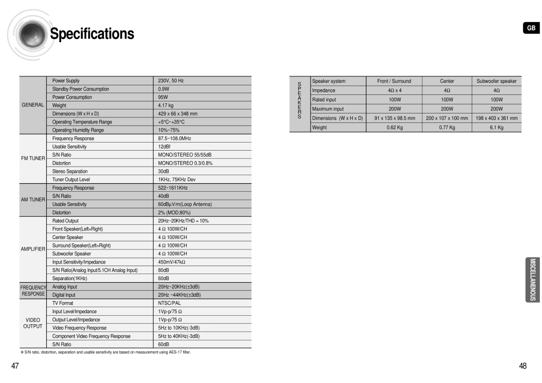 Samsung HT-AS600R/ELS manual Specifications, General 