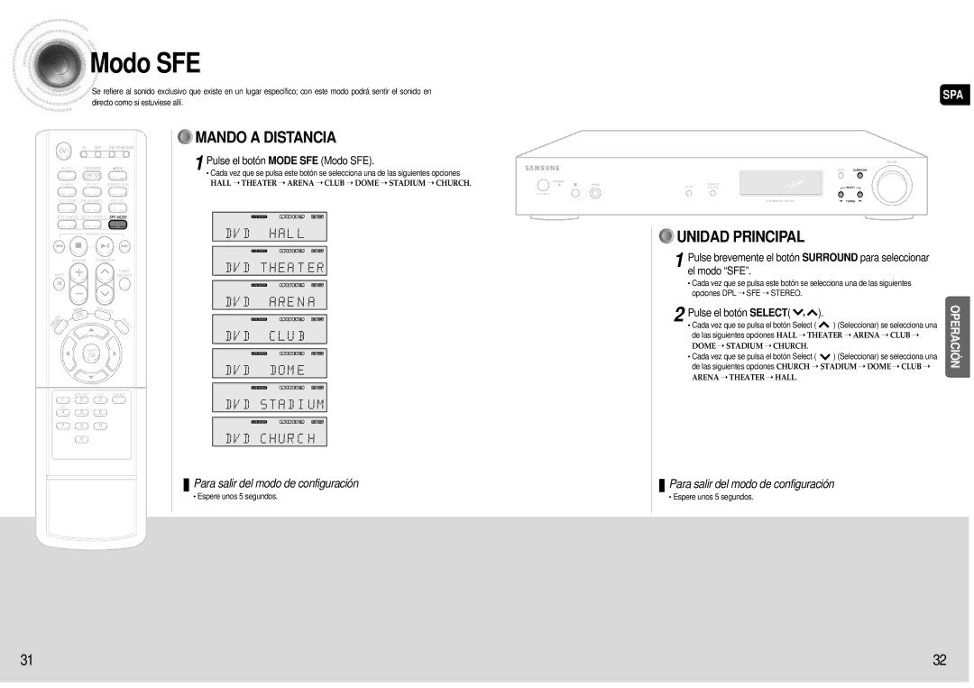 Samsung HT-AS600R/ELS manual Pulse el botón Mode SFE Modo SFE 