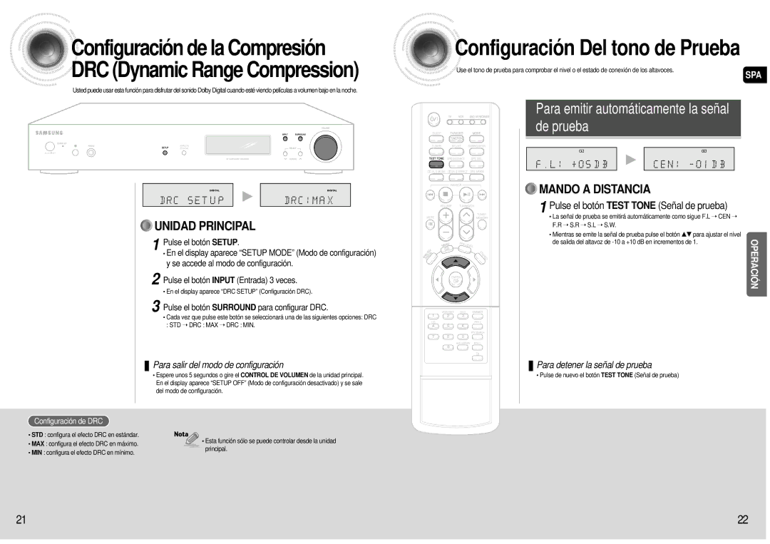 Samsung HT-AS600R/ELS manual Pulse el botón Test Tone Señal de prueba, Pulse el botón Surround para configurar DRC 