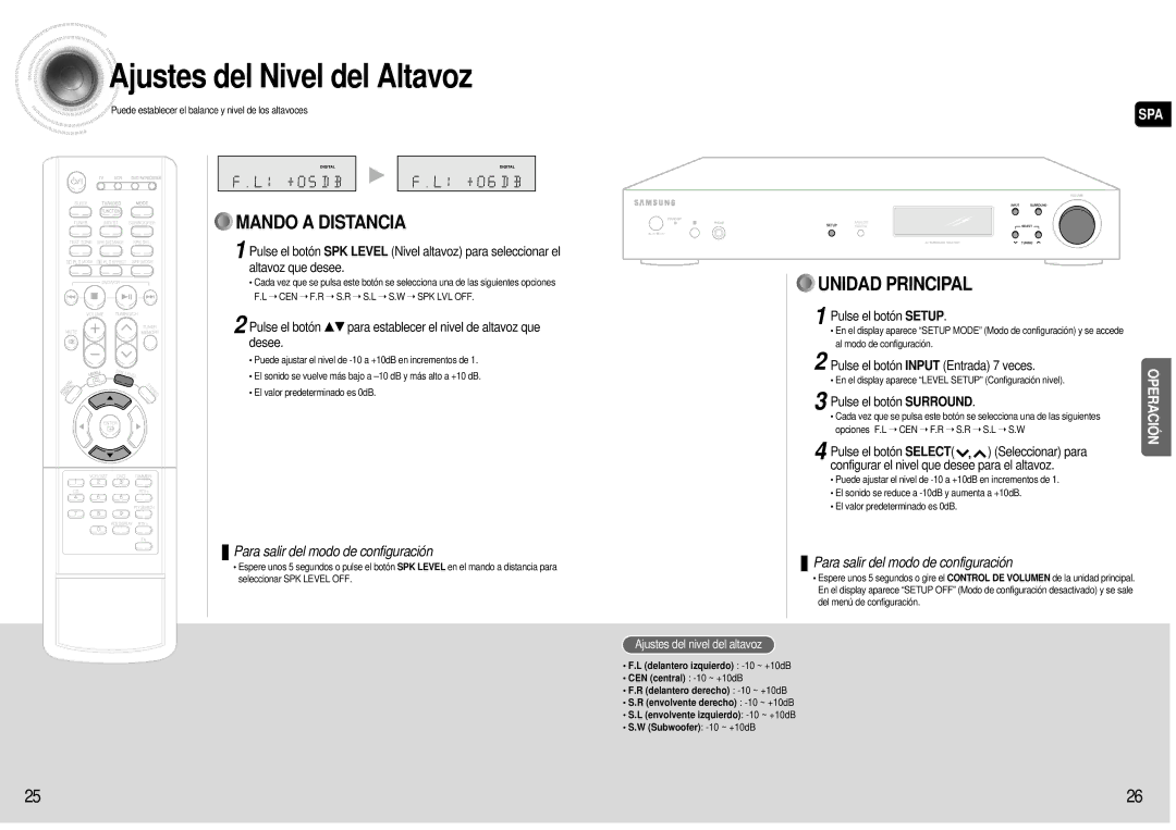 Samsung HT-AS600R/ELS Ajustes del Nivel del Altavoz, Pulse el botón Input Entrada 7 veces, Ajustes del nivel del altavoz 