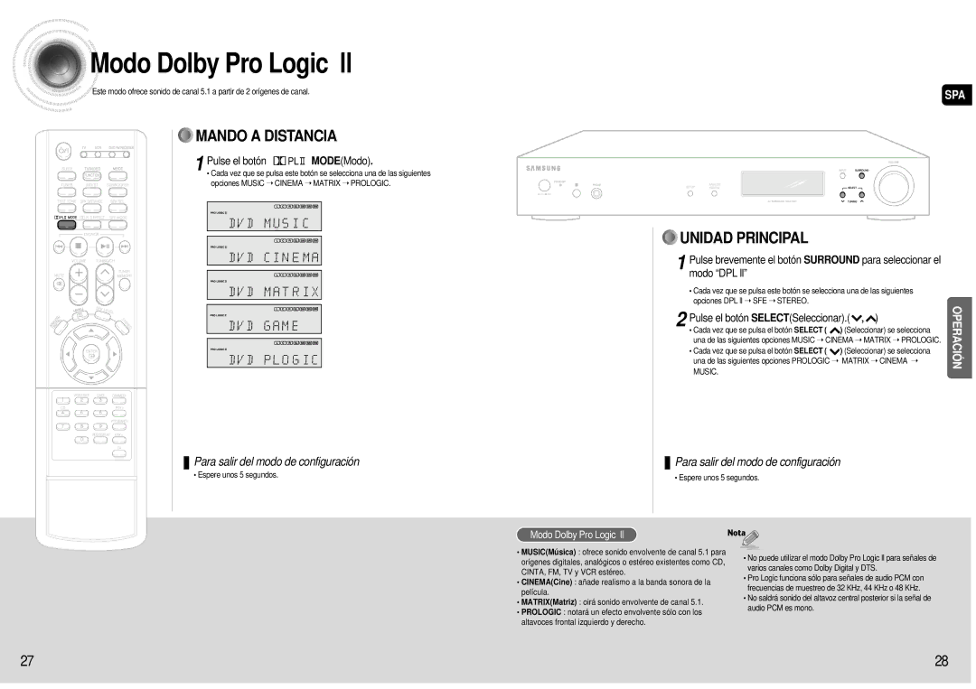 Samsung HT-AS600R/ELS manual Modo Dolby Pro Logic ll, Pulse el botón MODEModo, Pulse el botón SELECTSeleccionar 