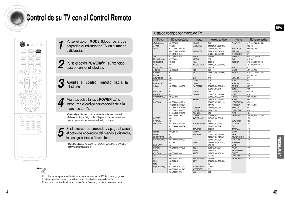 Samsung HT-AS600R/ELS manual Control de su TV con el Control Remoto, Lista de códigos por marca de TV 