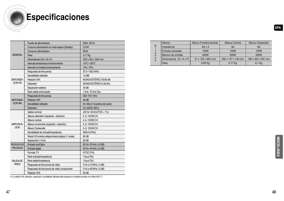 Samsung HT-AS600R/ELS manual Especificaciones 