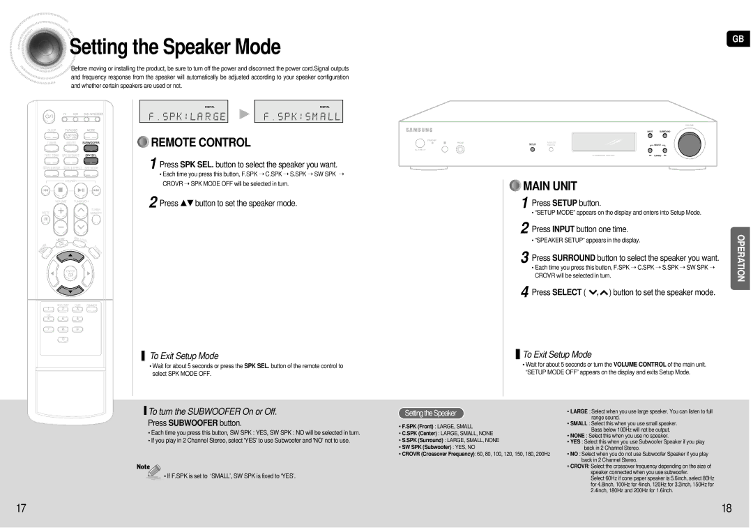 Samsung HT-AS600R/ELS manual Setting the Speaker Mode 