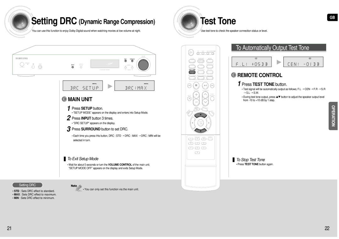 Samsung HT-AS600R/ELS manual Press Test Tone button, Press Input button 3 times, Press Surround button to set DRC 