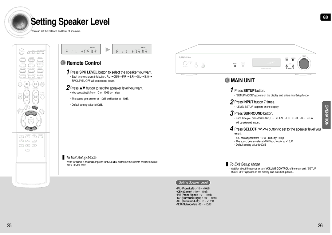 Samsung HT-AS600R/ELS manual Setting Speaker Level, Press SPK Level button to select the speaker you want 