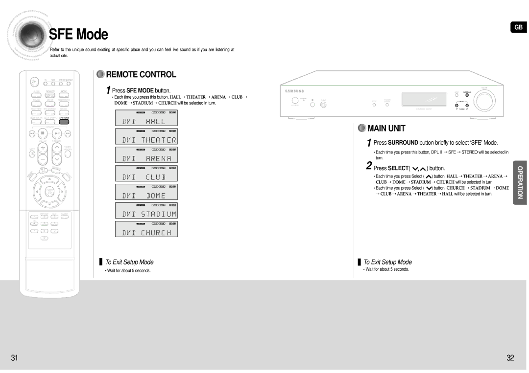 Samsung HT-AS600R/ELS Press SFE Mode button, Press Surround button briefly to select ‘SFE’ Mode, Press Select , button 