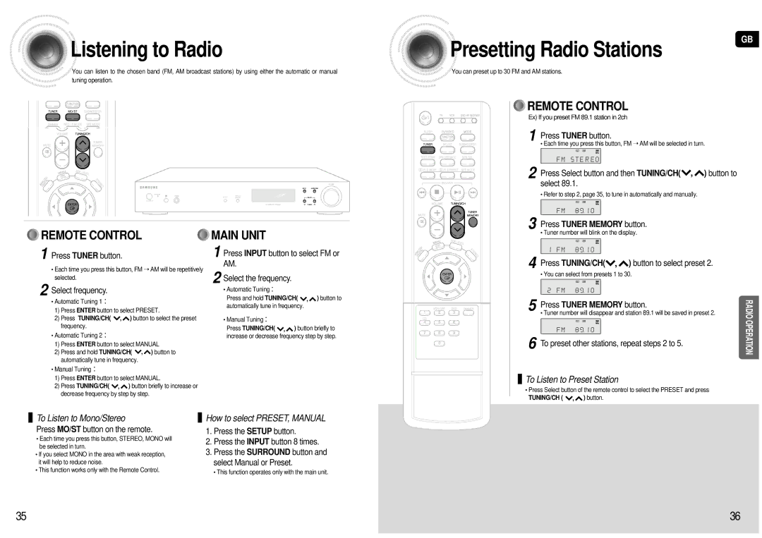 Samsung HT-AS600R/ELS manual Listening to Radio, Presetting Radio Stations 