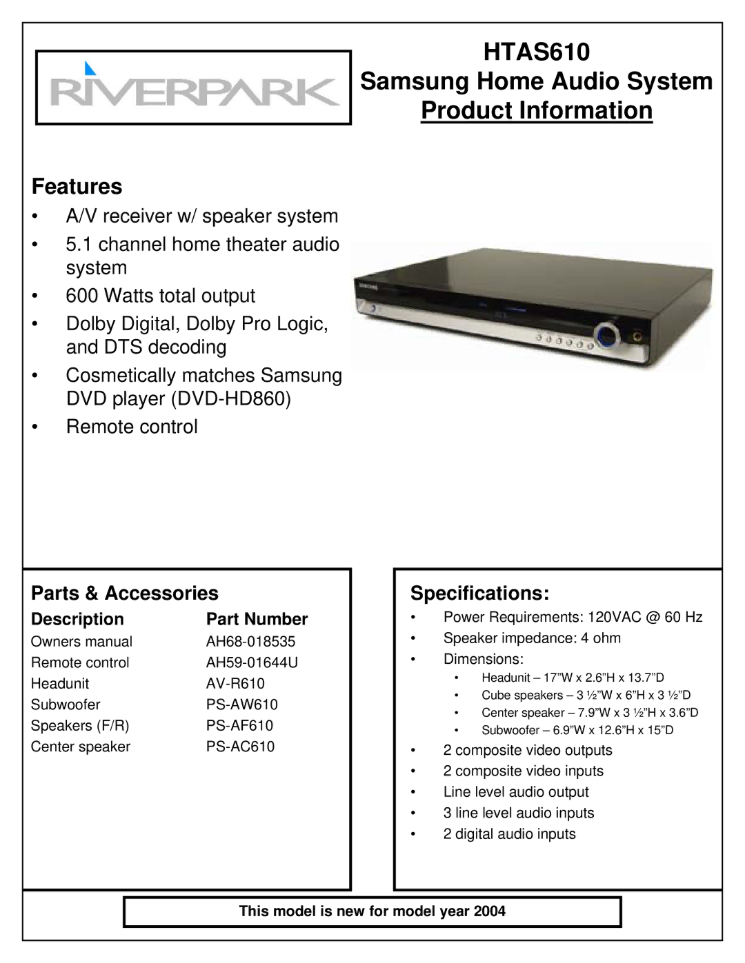 Samsung HT-AS610 owner manual HTAS610, Samsung Home Audio System Product Information, Features, Parts & Accessories 