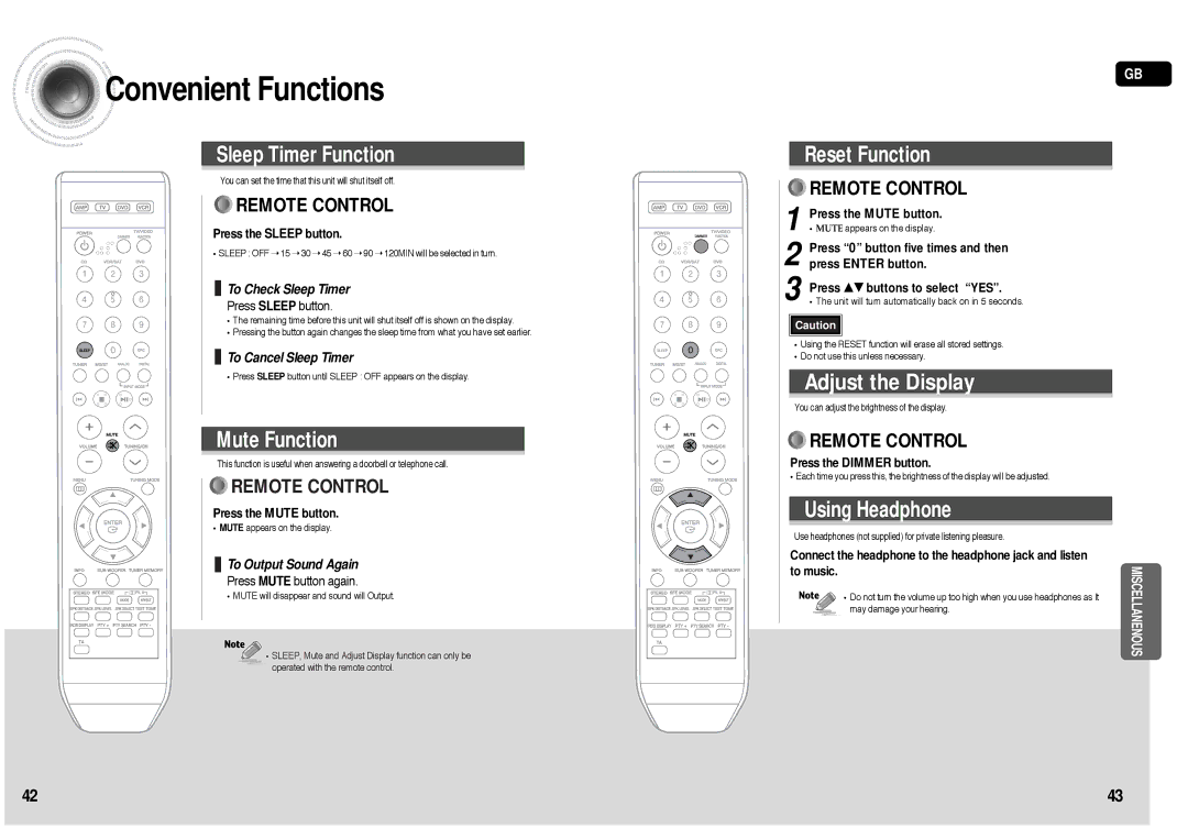 Samsung HT-AS610R/ELS manual Convenient Functions, Press the Sleep button, Press the Mute button, Press the Dimmer button 