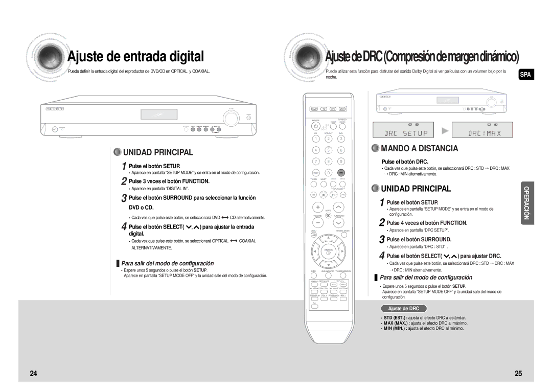 Samsung AV-R610R/ELS manual Ajuste de entrada digital, Pulse 3 veces el botón Function, Pulse el botón DRC, Ajuste de DRC 