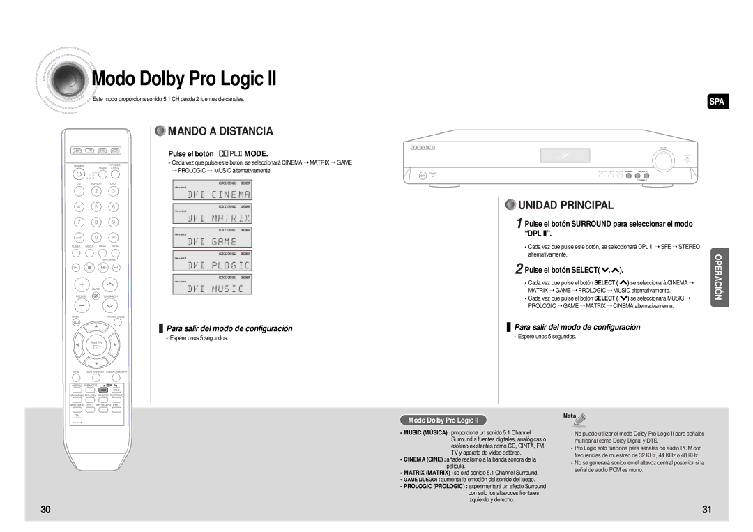 Samsung HT-AS610R/ELS Modo Dolby Pro Logic, Pulse el botón Mode, Pulse el botón Surround para seleccionar el modo DPL 