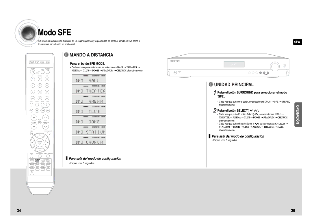 Samsung HT-AS610R/ELS manual Modo SFE, Pulse el botón SFE Mode, Pulse el botón Surround para seleccionar el modo ‘SFE’ 