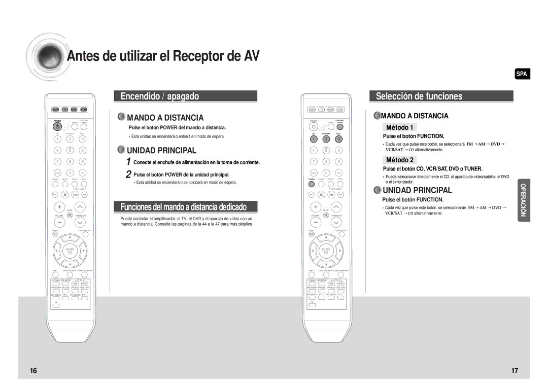 Samsung AV-R610R/ELS, HT-AS610R/ELS manual Pulse el botón Function, Pulse el botón CD, VCR/SAT, DVD o Tuner 