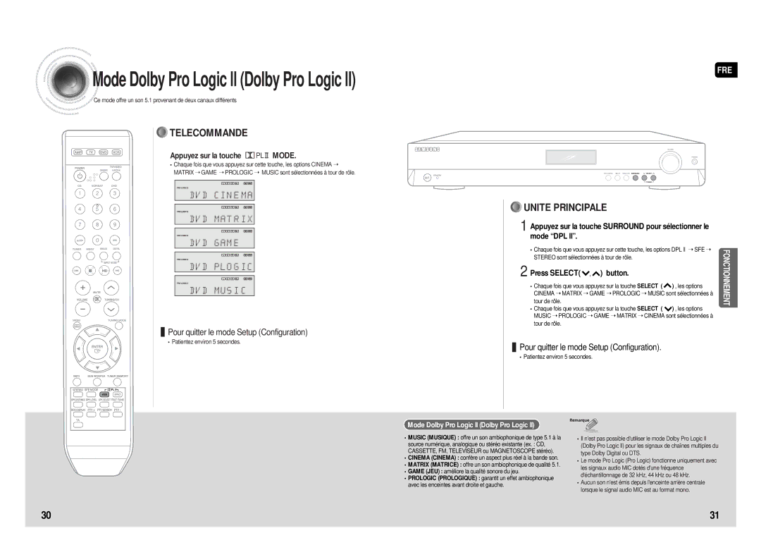 Samsung HT-AS610R/ELS manual Appuyez sur la touche Mode, Press Select , button, Mode Dolby Pro Logic ll Dolby Pro Logic ll 