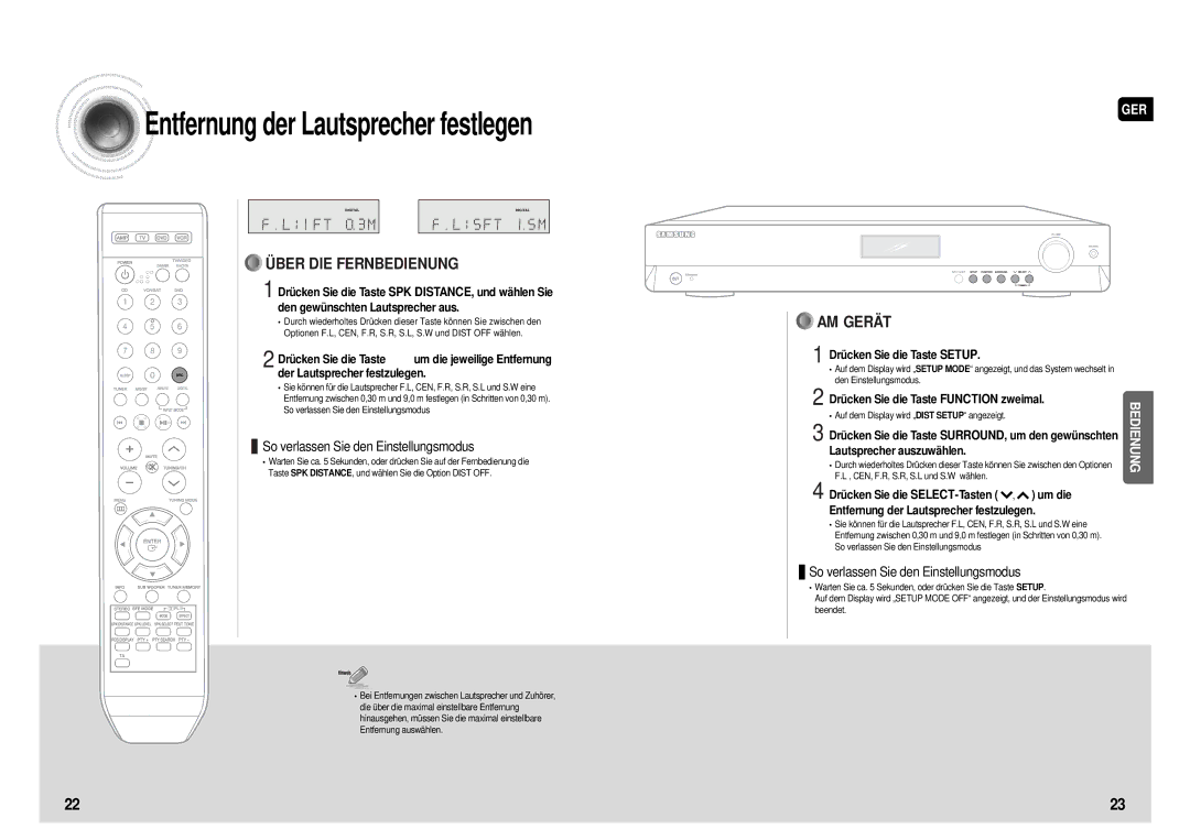 Samsung HT-AS610R/ELS manual Entfernung der Lautsprecher festlegen, Drücken Sie die Taste Function zweimal 