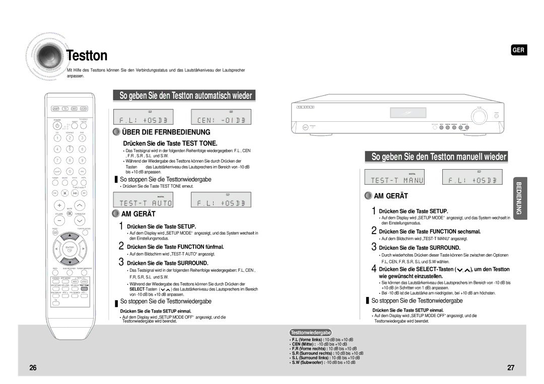 Samsung HT-AS610R/ELS manual Drücken Sie die Taste Function fünfmal, Drücken Sie die Taste Surround, Testtonwiedergabe 