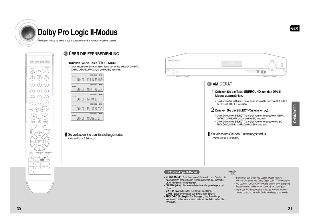 Samsung HT-AS610R/ELS manual Dolby Pro Logic II-Modus, Drücken Sie die Taste Mode, Drücken Sie die SELECT-Tasten 