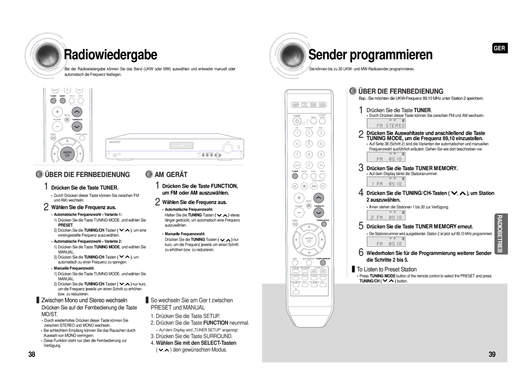 Samsung HT-AS610R/ELS manual Radiowiedergabe, Sender programmieren 