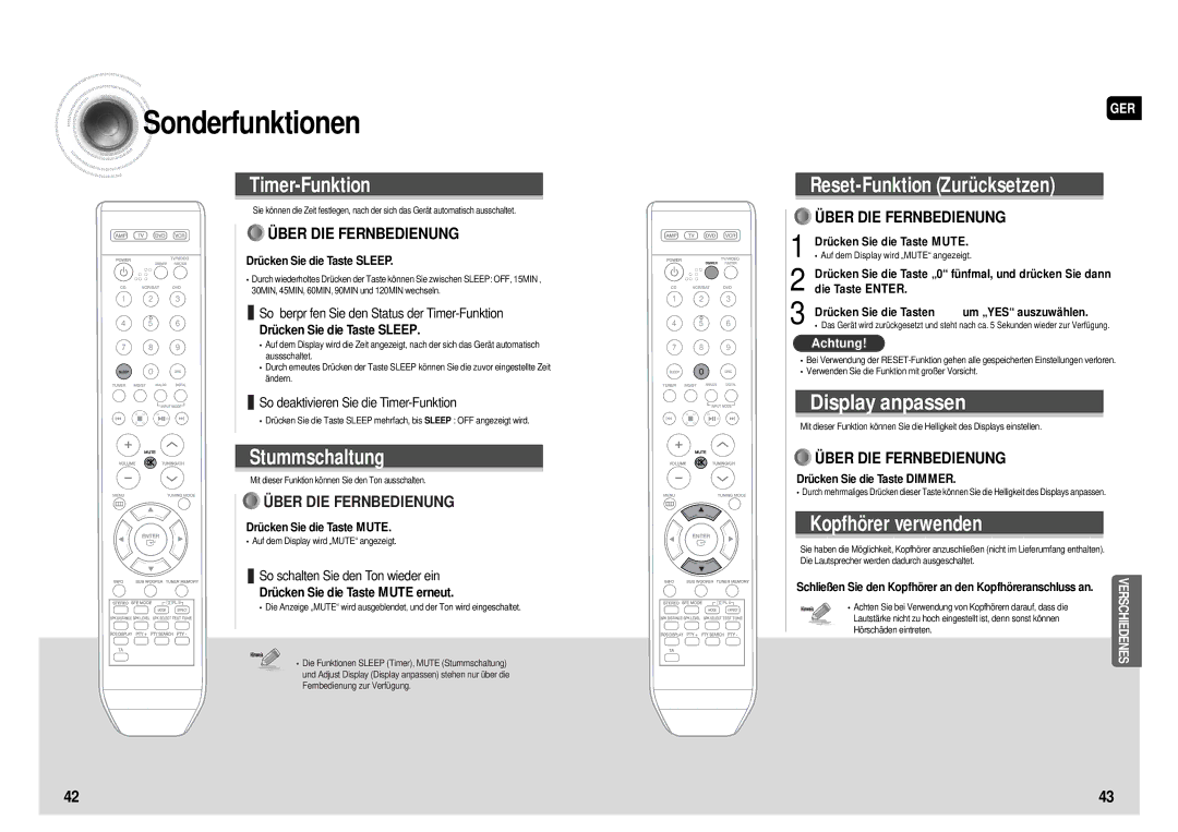 Samsung HT-AS610R/ELS manual Sonderfunktionen, Drücken Sie die Taste Sleep, Drücken Sie die Taste Mute 