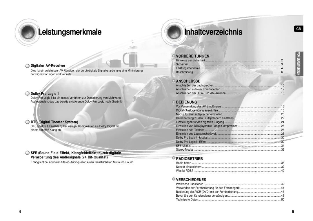 Samsung HT-AS610R/ELS manual Leistungsmerkmale, Inhaltcverzeichnis 