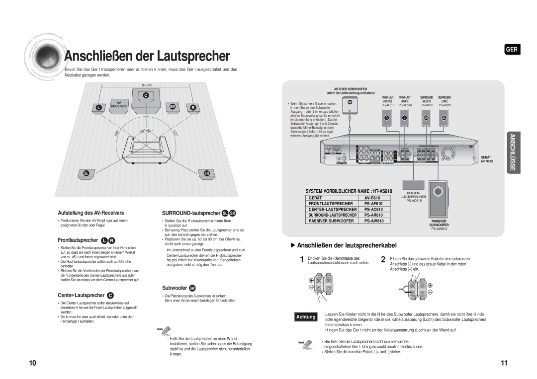 Samsung HT-AS610R/ELS manual Anschließen der Lautsprecher 