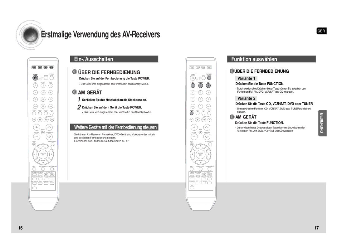 Samsung HT-AS610R/ELS manual Drücken Sie die Taste Function, Drücken Sie die Taste CD, VCR/SAT, DVD oder Tuner 