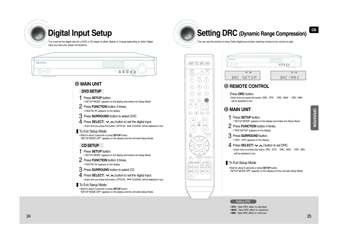 Samsung AV-R620R/XEO Press Function button 3 times, Press DRC button, Press Function button 4 times, Press Surround button 