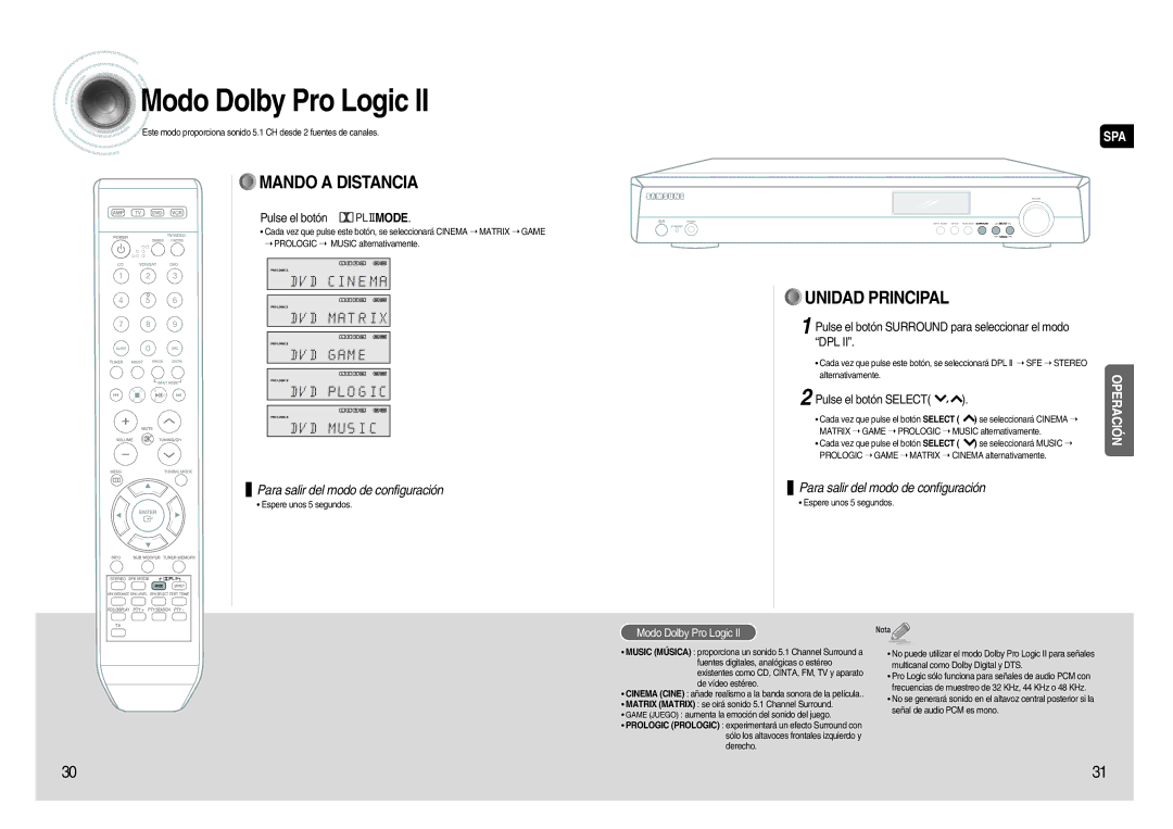 Samsung HT-AS620R/XET manual Modo Dolby Pro Logic, Pulse el botón Surround para seleccionar el modo DPL 