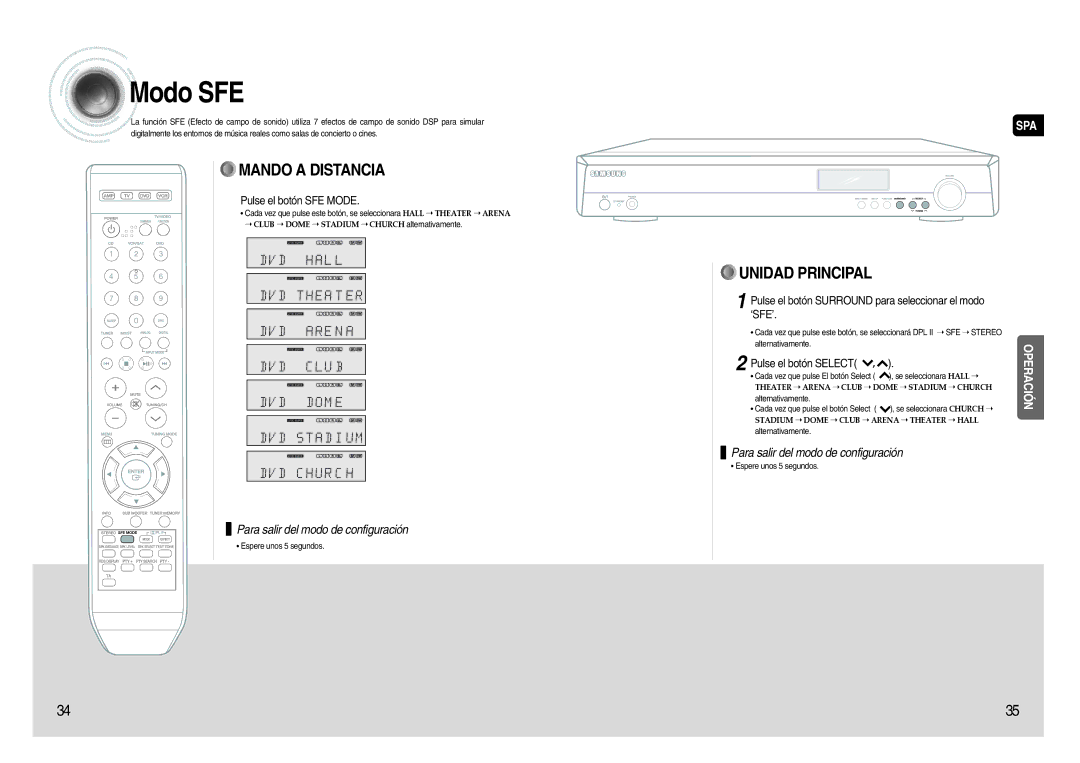 Samsung HT-AS620R/XET manual Modo SFE, Pulse el botón SFE Mode, Pulse el botón Surround para seleccionar el modo ‘SFE’ 