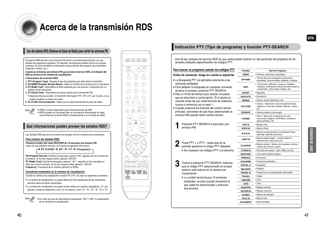 Samsung HT-AS620R/XET manual Acerca de la transmisión RDS, Indicación PTY Tipo de programa y función PTY-SEARCH 