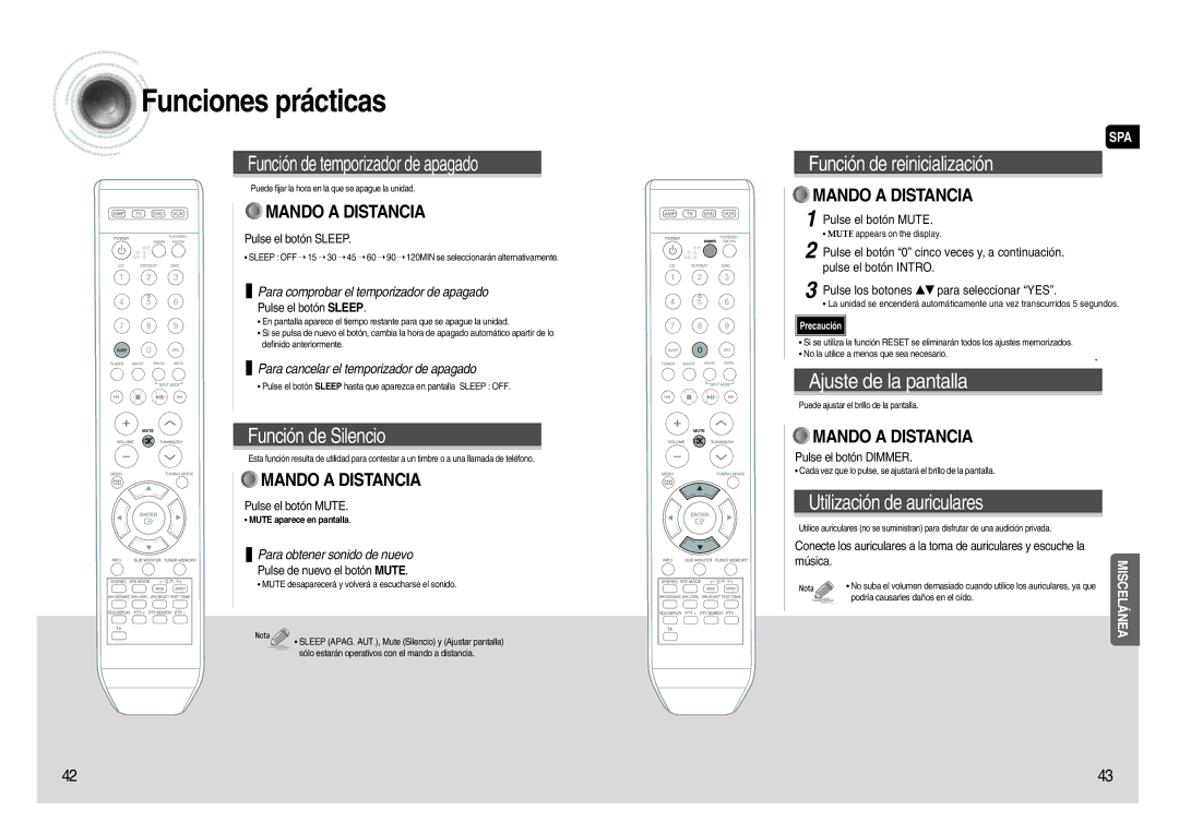 Samsung HT-AS620R/XET manual Funciones prácticas, Pulse el botón Sleep, Pulse el botón Mute, Pulse de nuevo el botón Mute 