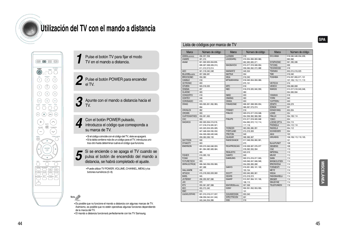 Samsung HT-AS620R/XET TV en el mando a distancia, Lista de códigos por marca de TV, Pulse el botón TV para fijar el modo 