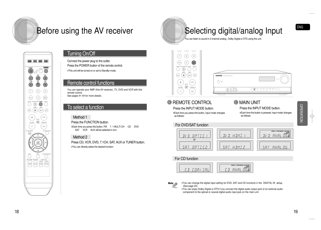 Samsung HT-AS720S-XAC Before using the AV receiver, Selecting digital/analog Input ENG, Method, For DVD/SAT function 