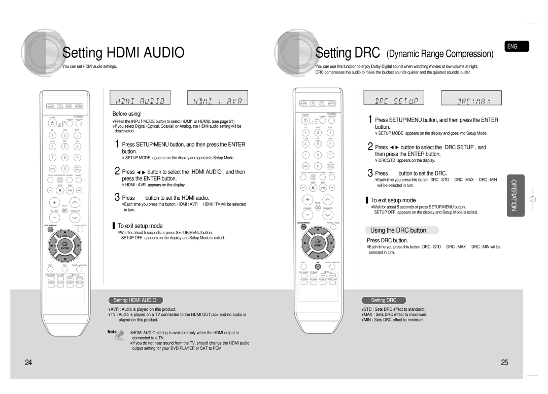 Samsung 20080303092219921, HT-AS720S-XAC Setting Hdmi Audio, Using the DRC button, Press …† button to set the Hdmi audio 