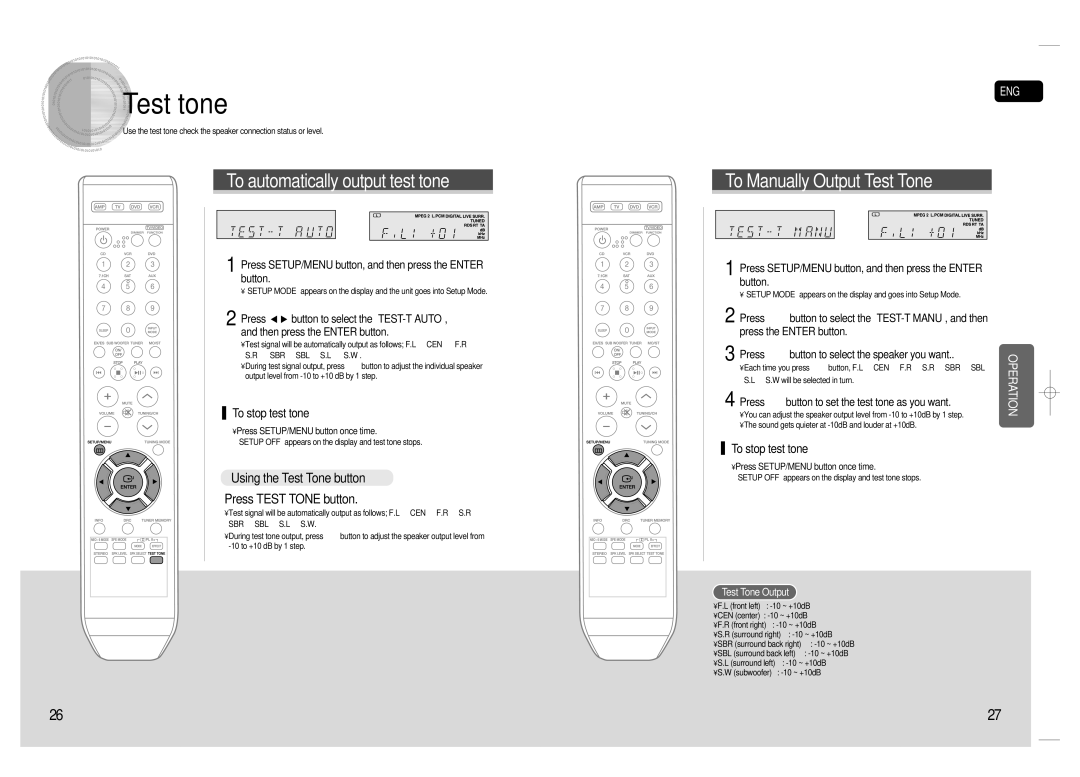 Samsung HT-AS720S-XAC Test tone, Using the Test Tone button, Press Test Tone button, Press SETUP/MENU button once time 