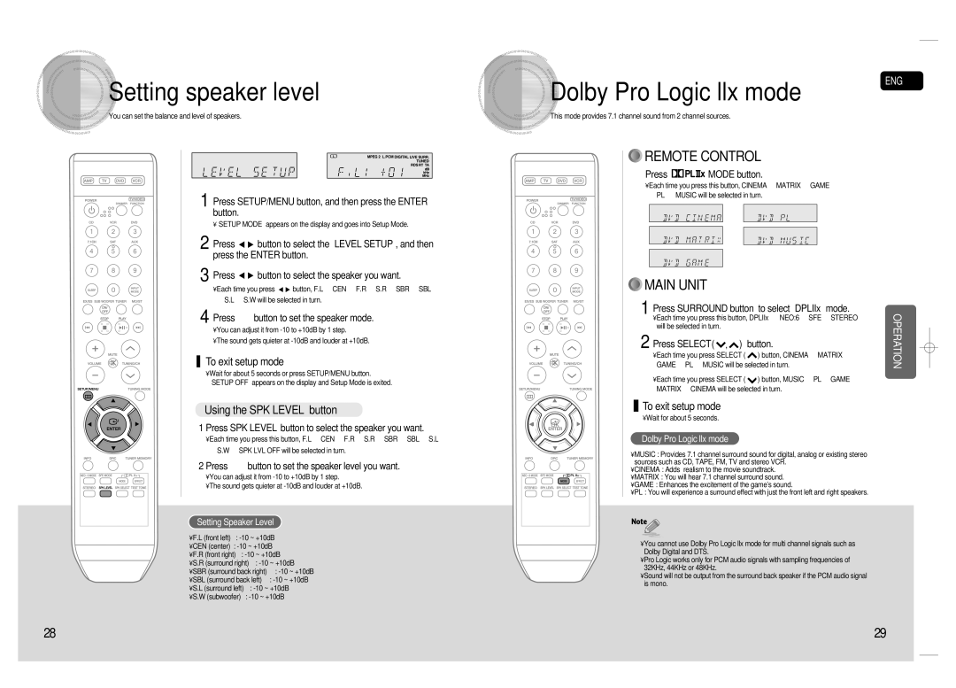 Samsung 20080303092219921, HT-AS720S-XAC Setting speaker level, Dolby Pro Logic llx mode, Using the SPK Level button 