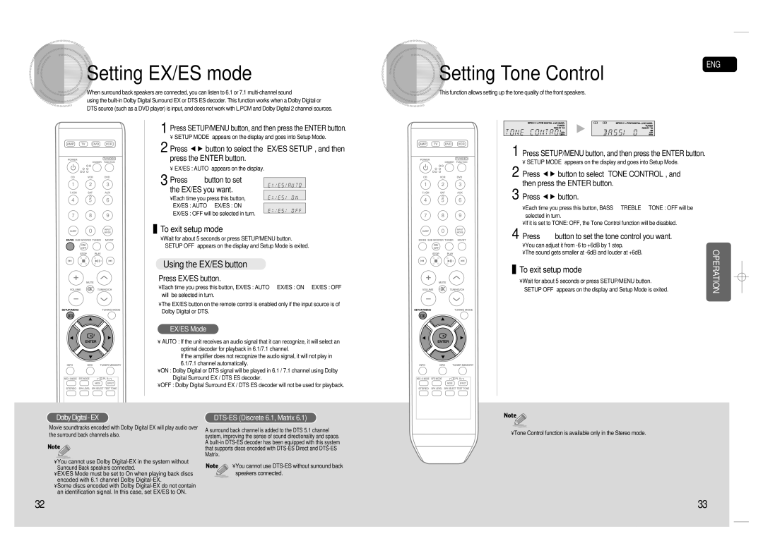 Samsung 20080303092219921 Setting EX/ES mode, Setting Tone Control, Using the EX/ES button, Press EX/ES button 