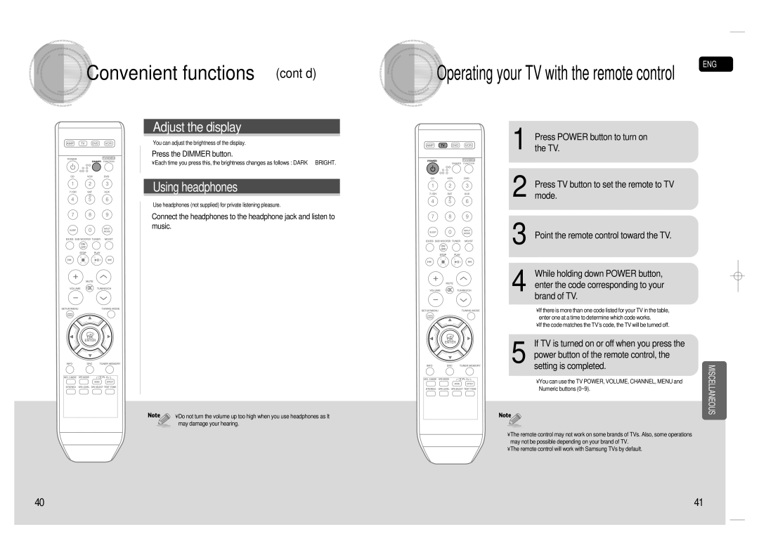 Samsung 20080303092219921, HT-AS720S-XAC Convenient functions cont’d, Operating your TV with the remote control ENG 