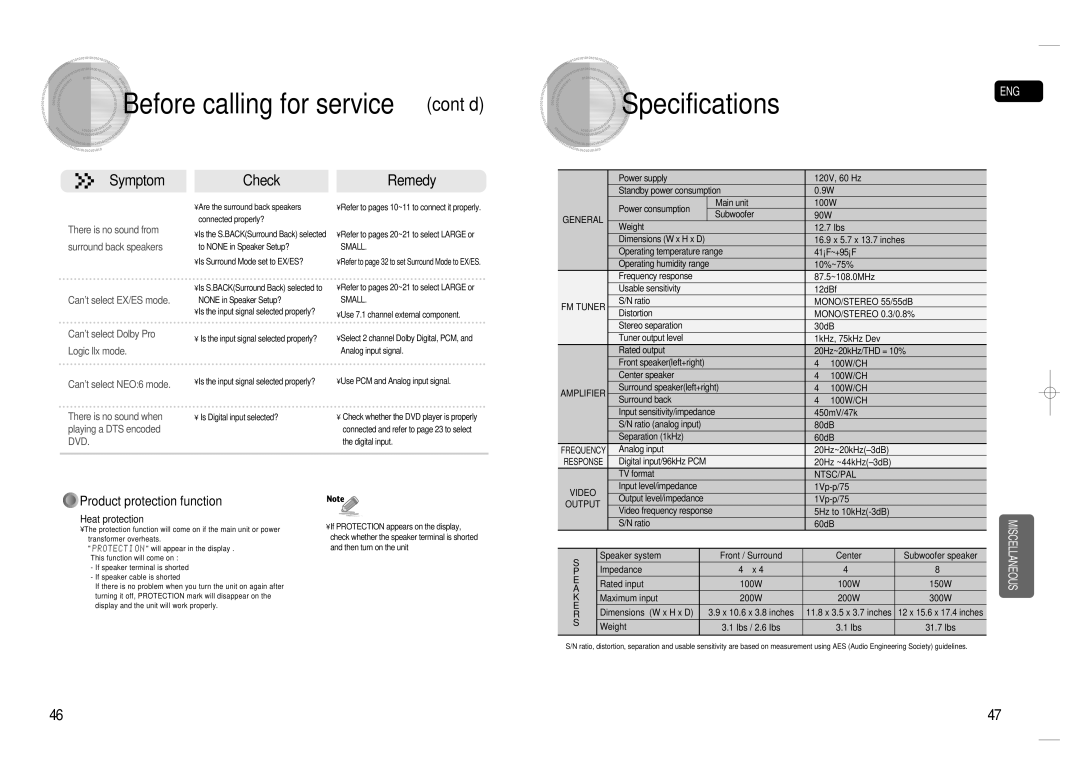 Samsung HT-AS720S-XAC, 20080303092219921 instruction manual Before calling for service cont’d, Product protection function 