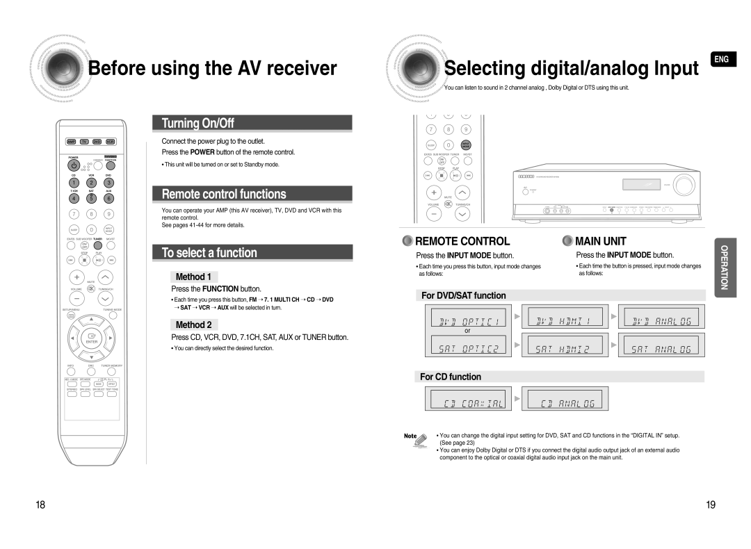 Samsung HT-AS720S-XAC Beforeusing the AV receiver, Selectingdigital/analog Input ENG, Turning On/Off, To select a function 