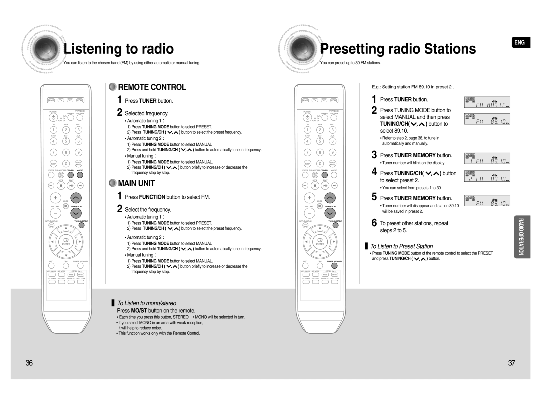 Samsung 20080303092219921 Listeningto radio, Presettingradio Stations, To Listen to mono/stereo, Select the frequency 