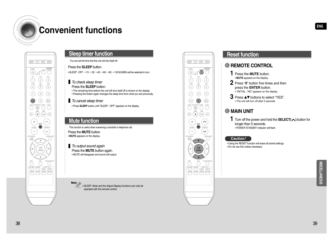 Samsung HT-AS720S-XAC Convenientfunctions, Sleep timer function, Mute function, Reset function, To check sleep timer 
