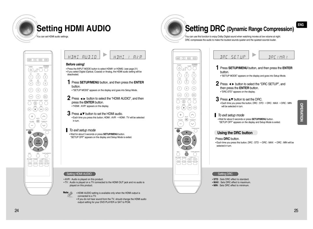 Samsung HT-AS720S Setting Hdmi Audio, Using the DRC button, Press …† button to set the Hdmi audio, Press DRC button 