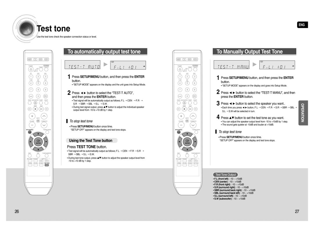 Samsung HT-AS720S Test tone, Using the Test Tone button, Press Test Tone button, Press SETUP/MENU button once time 