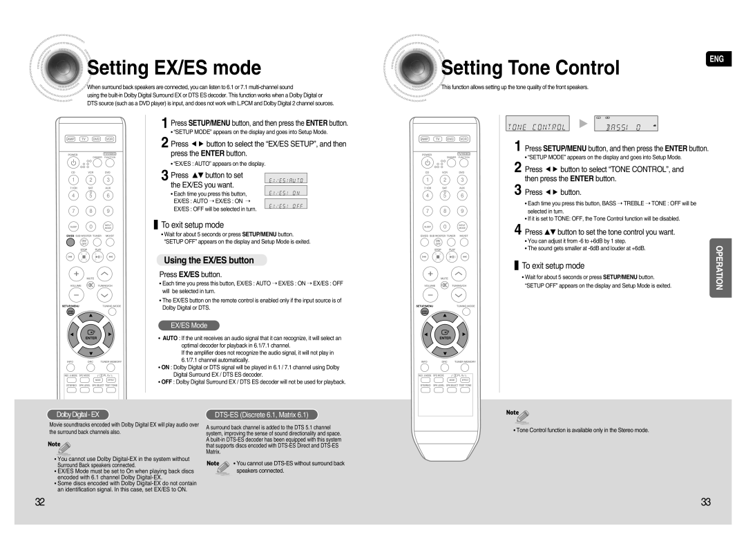 Samsung HT-AS720S instruction manual Setting EX/ES mode, Setting Tone Control, Using the EX/ES button, Press EX/ES button 