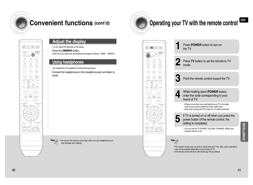 Samsung HT-AS720S instruction manual Convenient functions cont’d, Operating your TV with the remote control ENG 