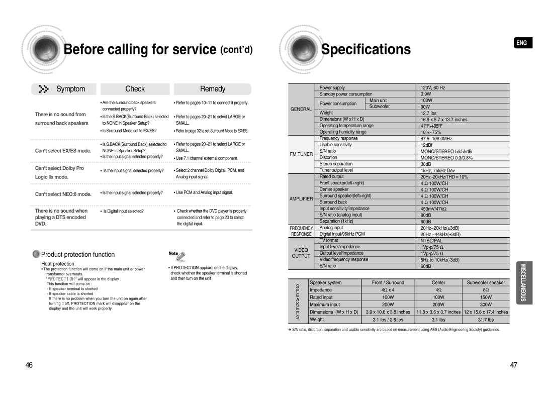 Samsung HT-AS720S instruction manual Before calling for service cont’d, Product protection function 