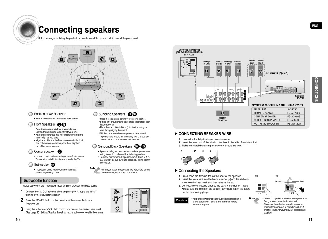 Samsung HT-AS720S instruction manual Connecting speakers, √ Connecting the Speakers Subwoofer function 