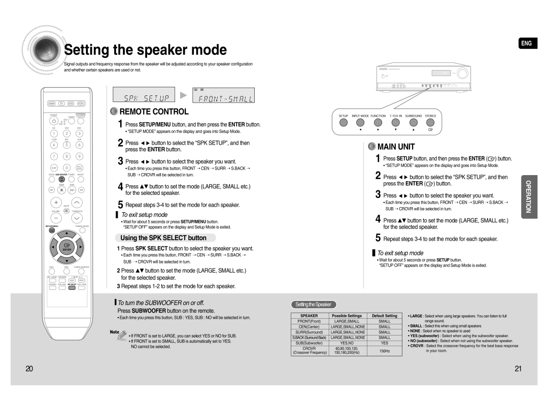 Samsung HT-AS720S Setting the speaker mode, Using the SPK SELECT button, To turn the SUBWOOFER on or off, Remote Control 